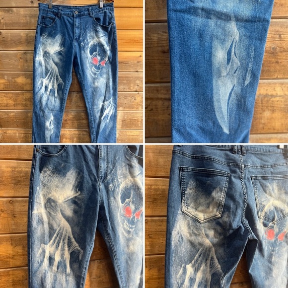 Denim - 💀 Custom Airbrushed Halloween Skull Themed Jeans – Size 35 💀 High Rise w/Stretch